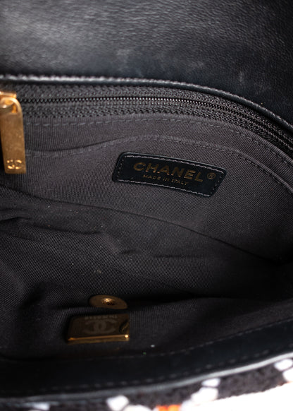 Chanel Black Bouclé Multi-Color Braided Flap Bag with Pearl Ball Strap