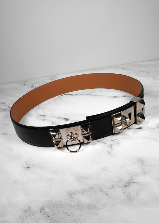 Hermès Black Smooth Calfskin Palladium Collier de Chien CDC Belt 50
