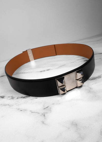 Hermès Black Smooth Calfskin Palladium Collier de Chien CDC Belt 50