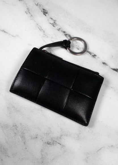 Bottega Veneta Black Intrecciato Leather Zipper Key Pouch Card Holder