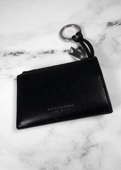 Bottega Veneta Black Intrecciato Leather Zipper Key Pouch Card Holder