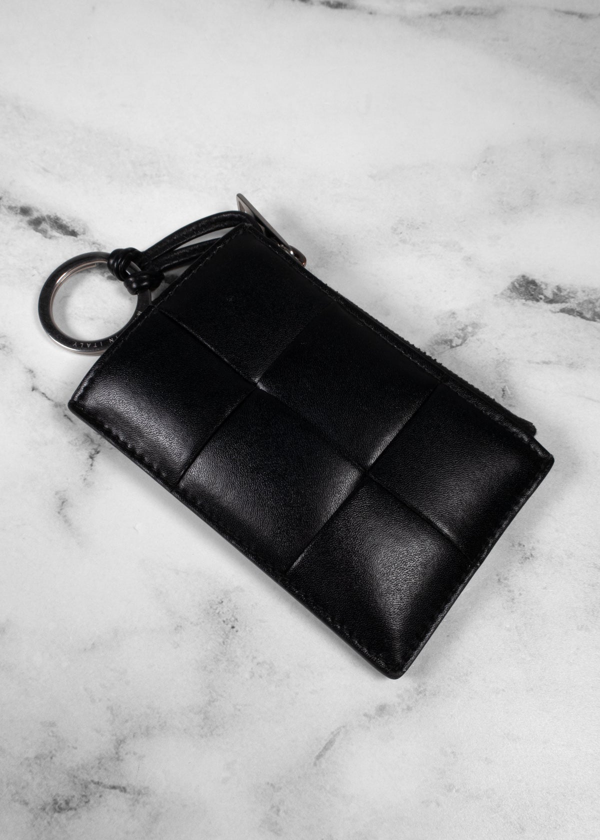Bottega Veneta Black Intrecciato Leather Zipper Key Pouch Card Holder