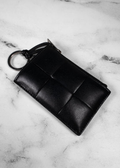 Bottega Veneta Black Intrecciato Leather Zipper Key Pouch Card Holder