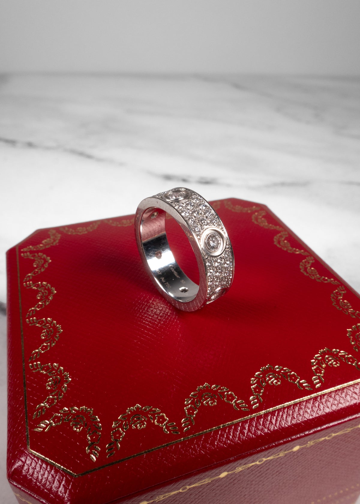 Cartier 18K White Gold Pavé Diamond LOVE Ring w/ Certificate