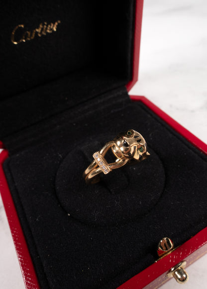 Cartier 18K Yellow Gold Diamond, Emerald & Onyx Panthère Ring