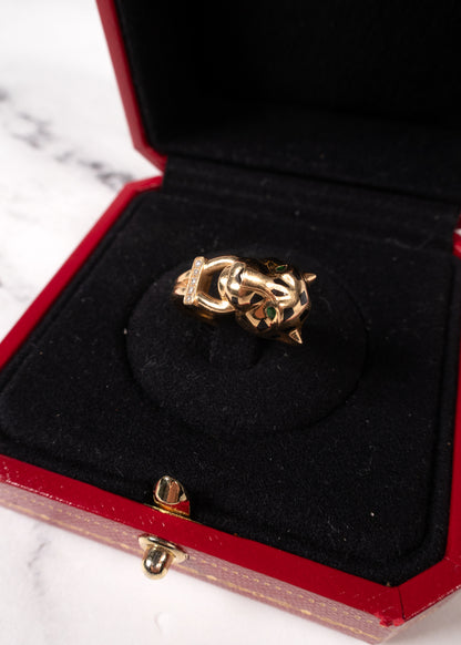 Cartier 18K Yellow Gold Diamond, Emerald & Onyx Panthère Ring