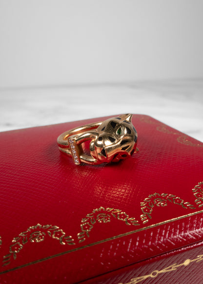 Cartier 18K Yellow Gold Diamond, Emerald & Onyx Panthère Ring