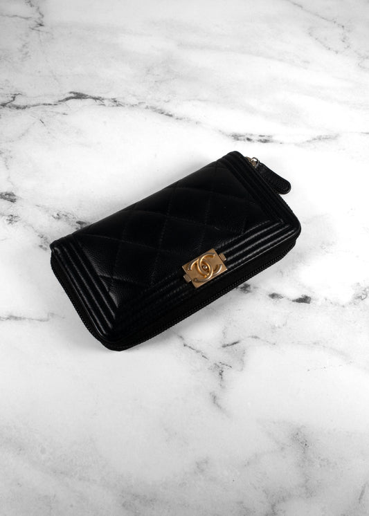 Chanel Black Caviar Leather Boy Zip-Around Wallet with Antique Gold Hardware