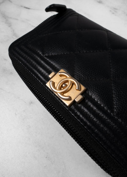Chanel Black Caviar Leather Boy Zip-Around Wallet with Antique Gold Hardware