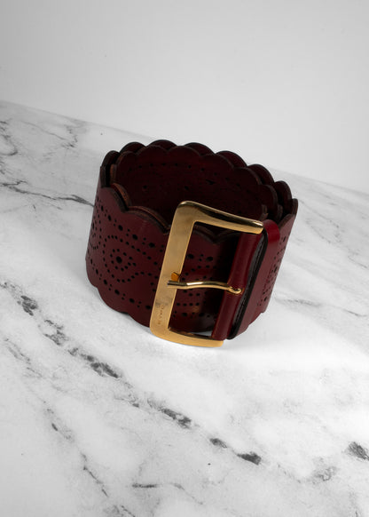 Etro Burgundy Leather Laser-Cut Scalloped Paisley Wide Belt