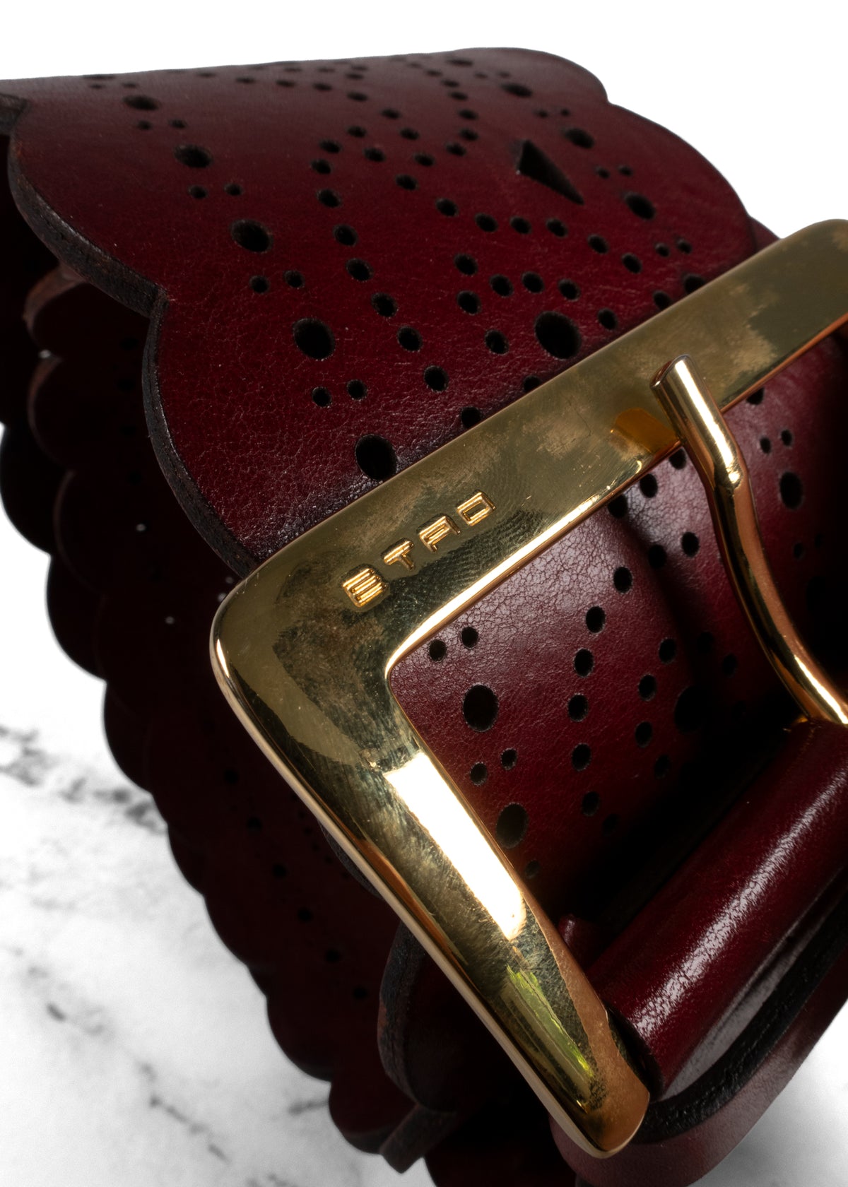 Etro Burgundy Leather Laser-Cut Scalloped Paisley Wide Belt