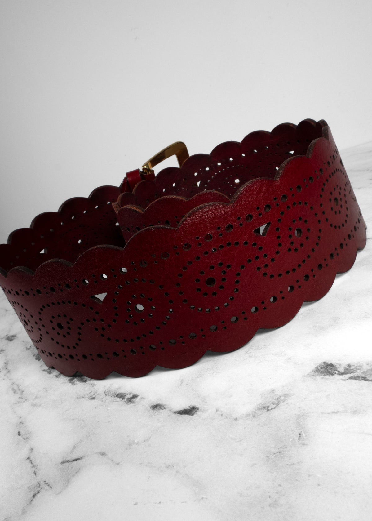 Etro Burgundy Leather Laser-Cut Scalloped Paisley Wide Belt