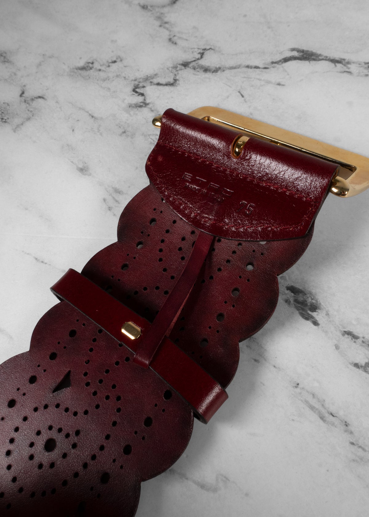 Etro Burgundy Leather Laser-Cut Scalloped Paisley Wide Belt