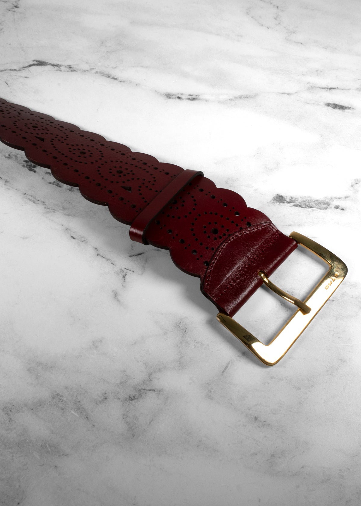 Etro Burgundy Leather Laser-Cut Scalloped Paisley Wide Belt