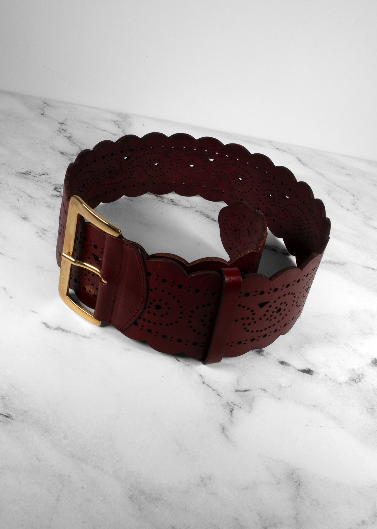 Etro Burgundy Leather Laser-Cut Scalloped Paisley Wide Belt
