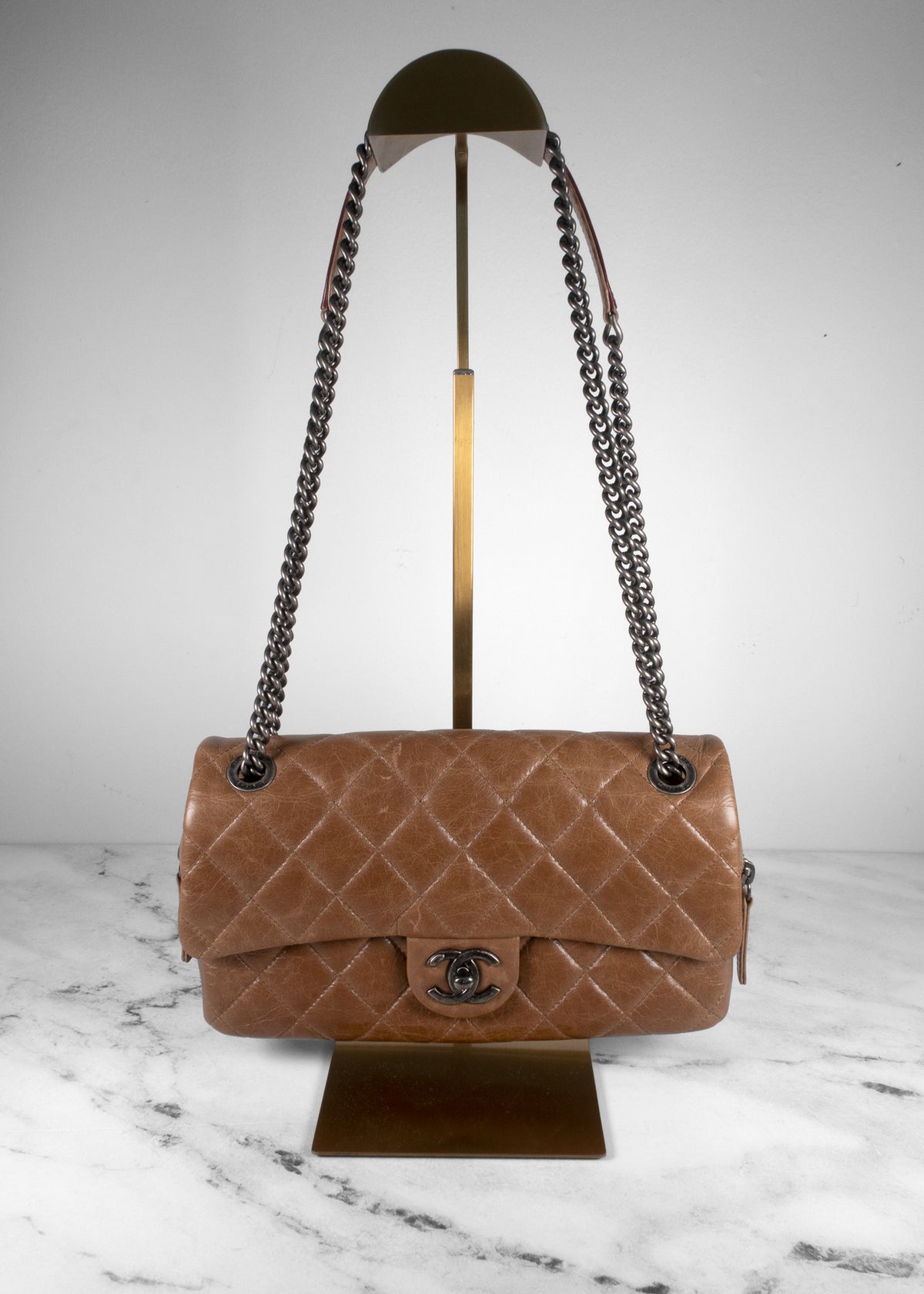 Chanel Caramel Brown Crinkled Lambskin Quilted Flap Bag with Dark Gunmetal Hardware