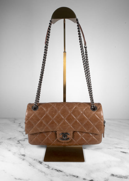 Chanel Caramel Brown Crinkled Lambskin Quilted Flap Bag with Dark Gunmetal Hardware