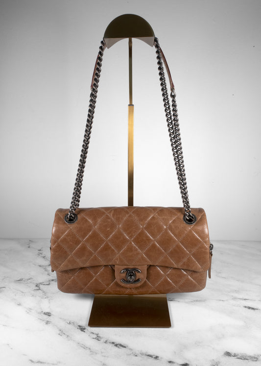 Chanel Caramel Brown Crinkled Lambskin Quilted Flap Bag with Dark Gunmetal Hardware