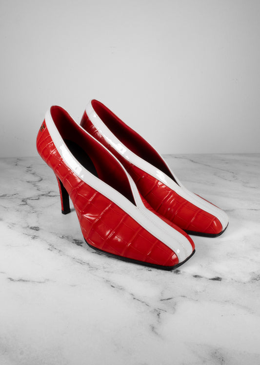 Chanel Red & White Crocodile-Embossed Leather Kitten Heel Pumps