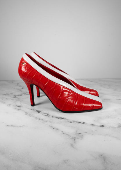 Chanel Red & White Crocodile-Embossed Leather Kitten Heel Pumps
