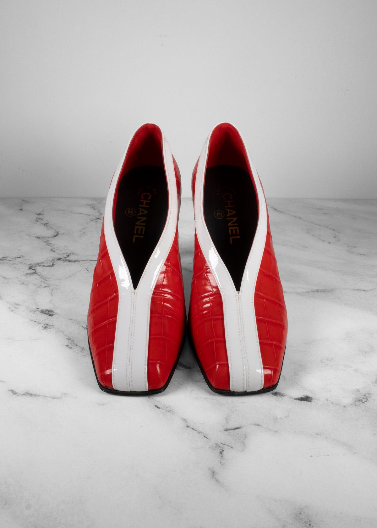 Chanel Red & White Crocodile-Embossed Leather Kitten Heel Pumps
