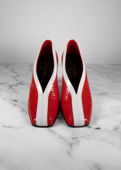 Chanel Red & White Crocodile-Embossed Leather Kitten Heel Pumps