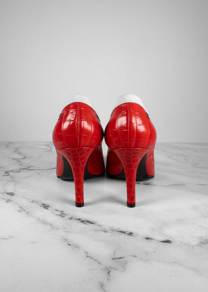 Chanel Red & White Crocodile-Embossed Leather Kitten Heel Pumps