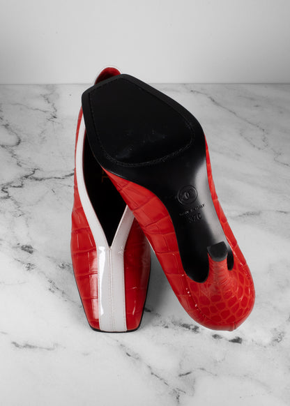 Chanel Red & White Crocodile-Embossed Leather Kitten Heel Pumps