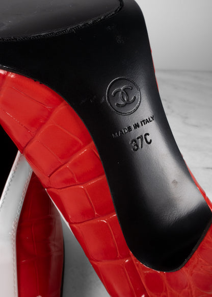 Chanel Red & White Crocodile-Embossed Leather Kitten Heel Pumps