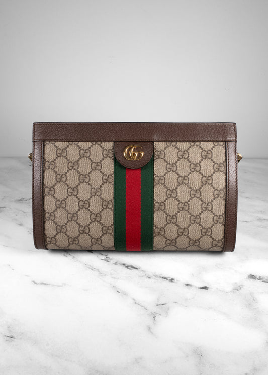 Gucci Beige & Ebony GG Supreme Web Small Ophidia Chain Shoulder Bag