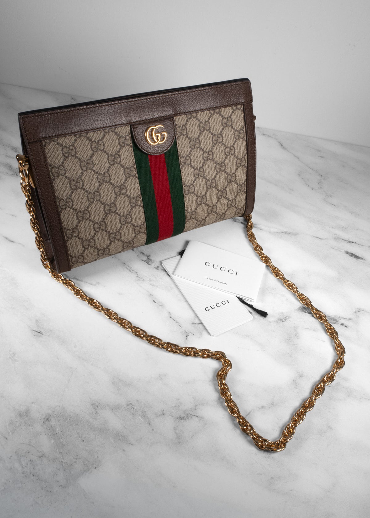 Gucci Beige & Ebony GG Supreme Web Small Ophidia Chain Shoulder Bag