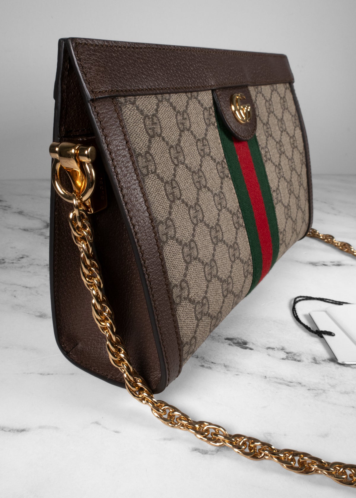 Gucci Beige & Ebony GG Supreme Web Small Ophidia Chain Shoulder Bag