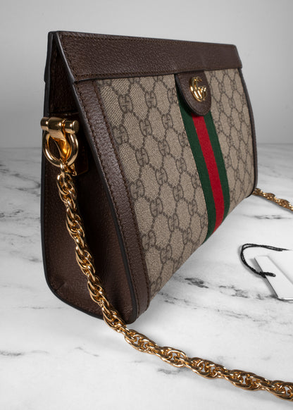 Gucci Beige & Ebony GG Supreme Web Small Ophidia Chain Shoulder Bag