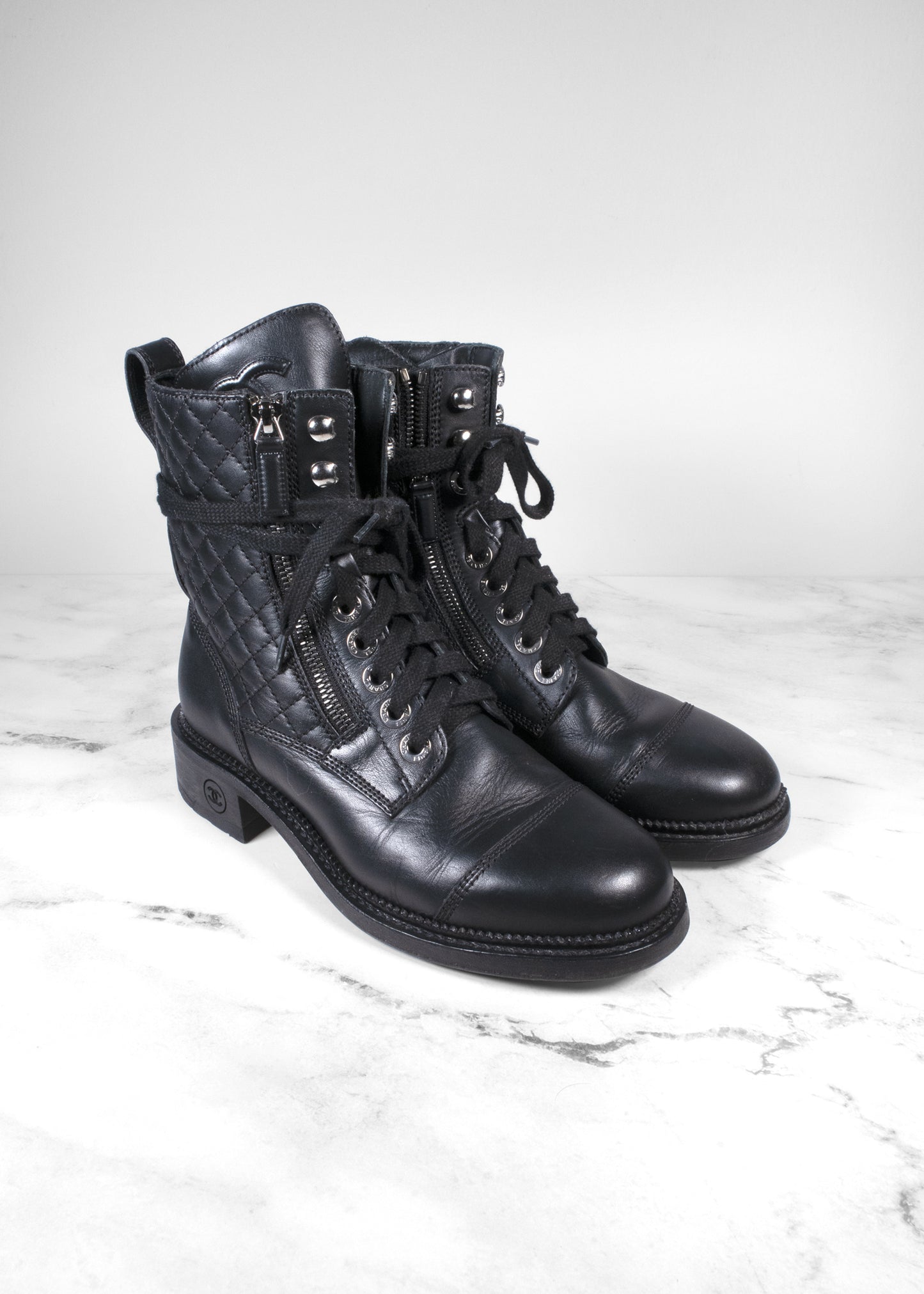 Chanel Interlocking CC Logo Leather Combat Boots