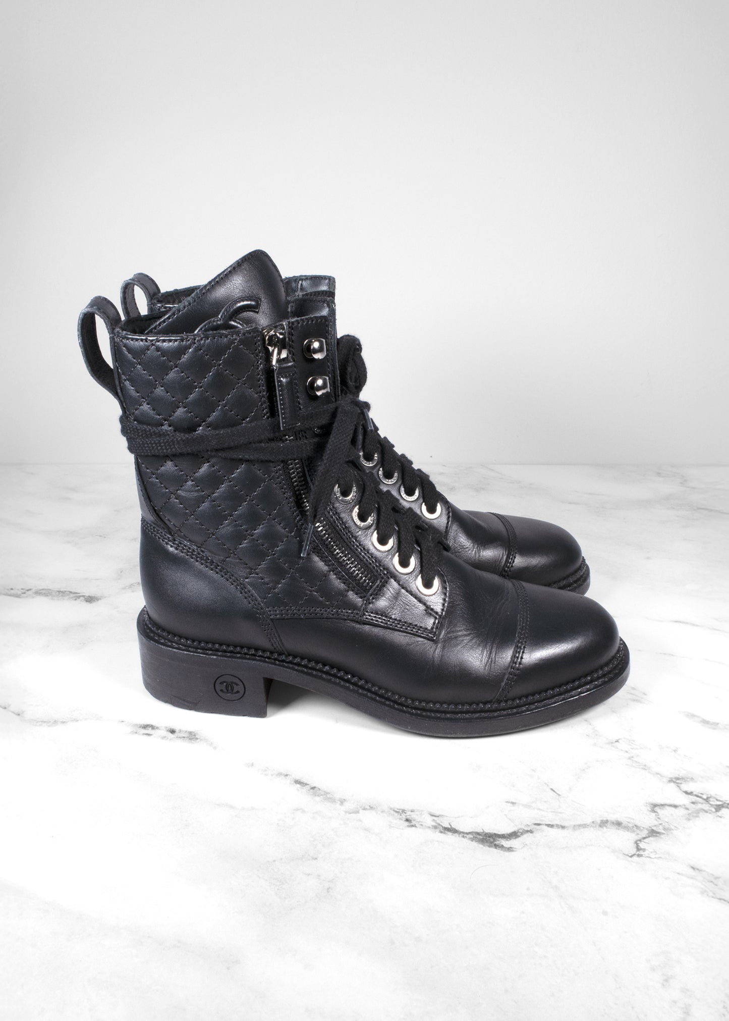 Chanel Interlocking CC Logo Leather Combat Boots