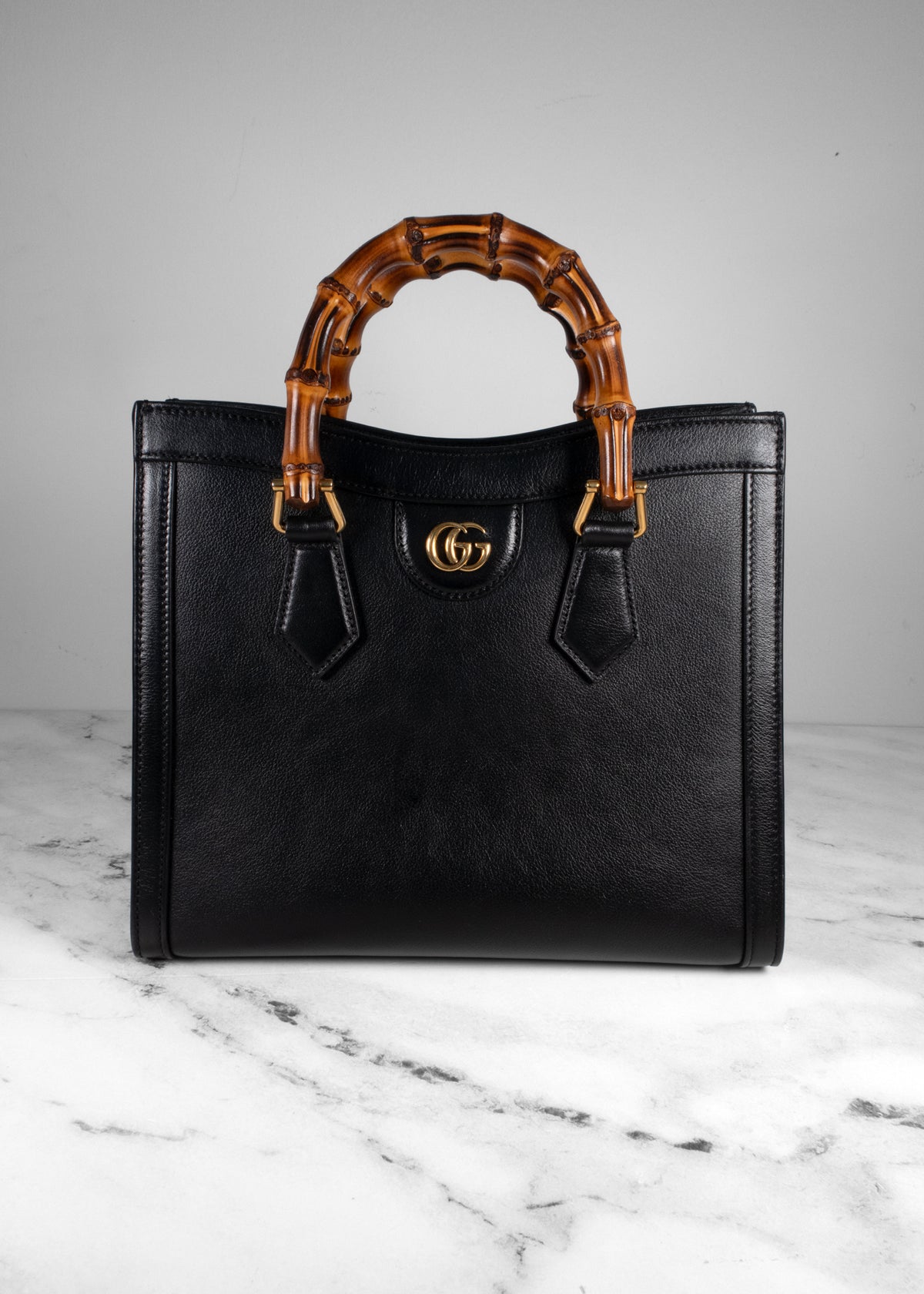 Gucci Black Smooth Leather Diana Small Bamboo Tote Bag with Crossbody Strap