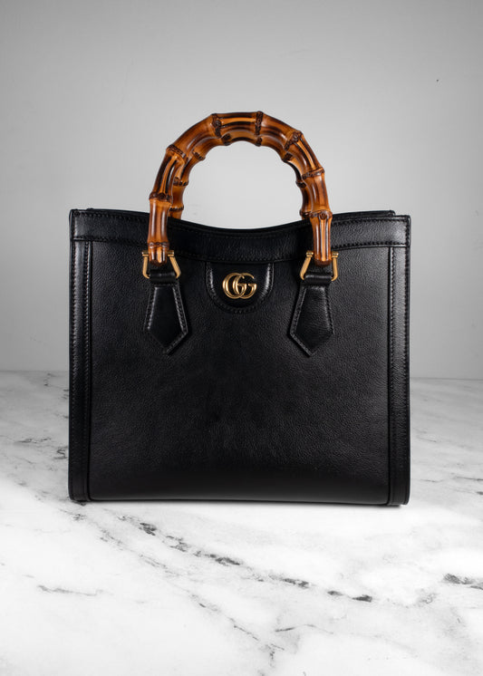 Gucci Black Smooth Leather Diana Small Bamboo Tote Bag with Crossbody Strap