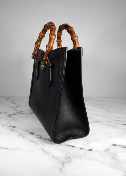 Gucci Black Smooth Leather Diana Small Bamboo Tote Bag with Crossbody Strap
