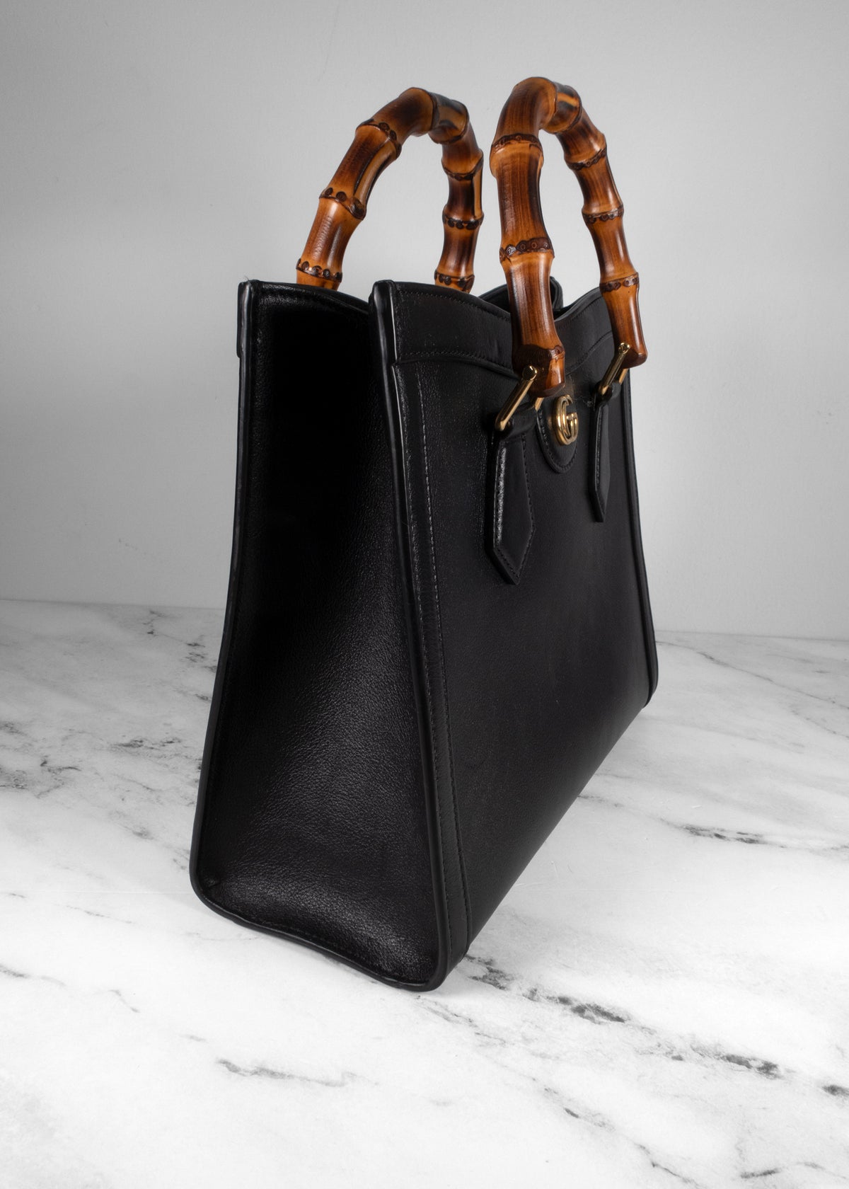 Gucci Black Smooth Leather Diana Small Bamboo Tote Bag with Crossbody Strap