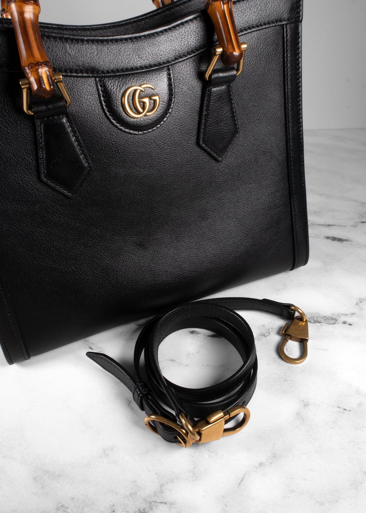 Gucci Black Smooth Leather Diana Small Bamboo Tote Bag with Crossbody Strap