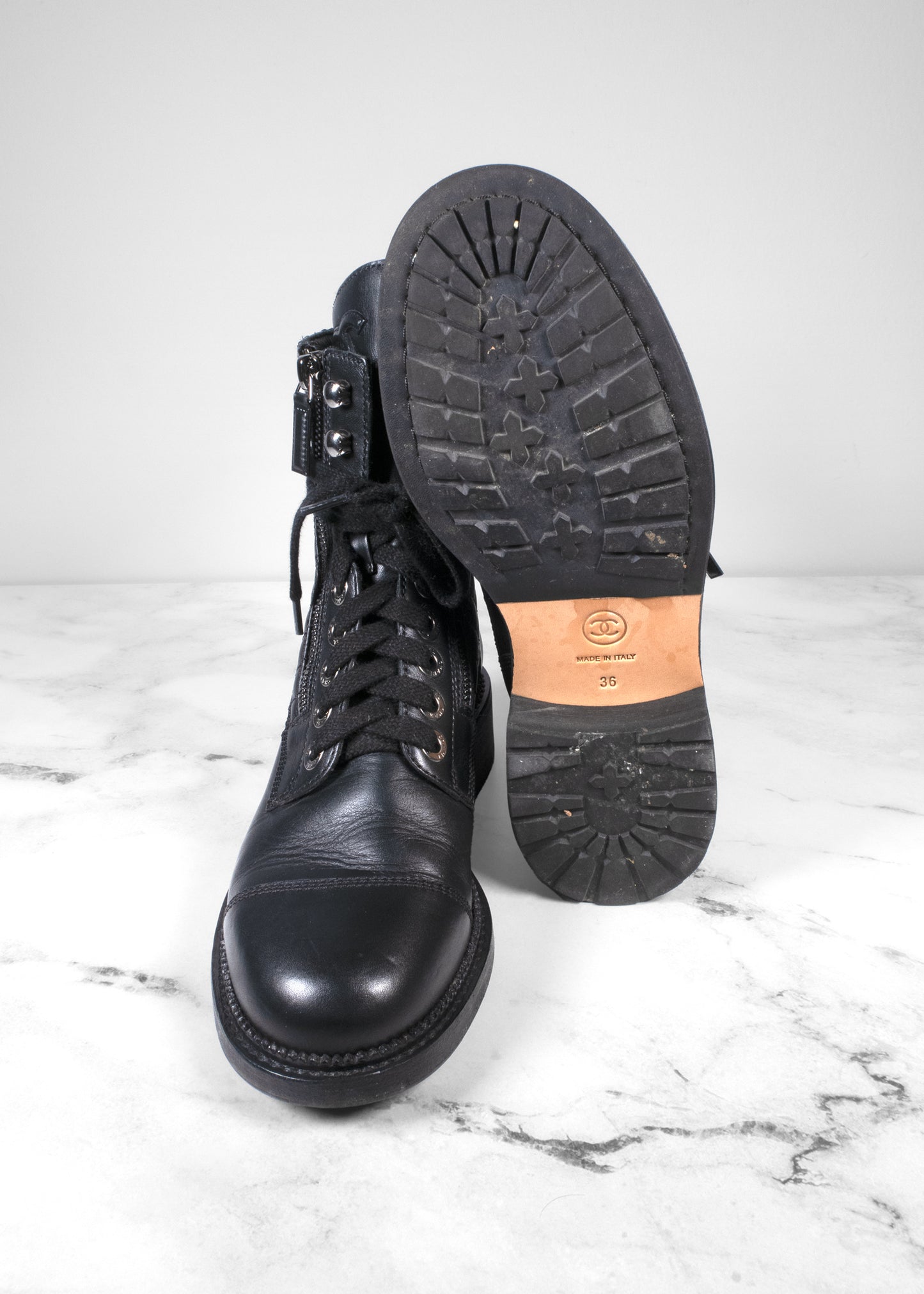 Chanel Interlocking CC Logo Leather Combat Boots