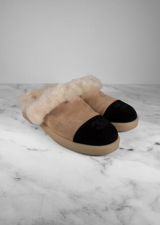 Chanel Beige Suede & Black Cap-Toe Shearling Mules
