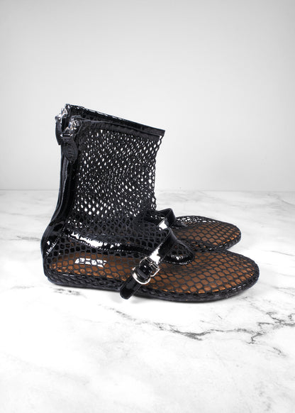 Alaïa Black Fishnet Leather-Trimmed Ankle Boots