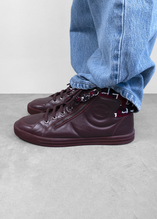 Chanel Burgundy Leather and Tweed CC High Top Sneakers