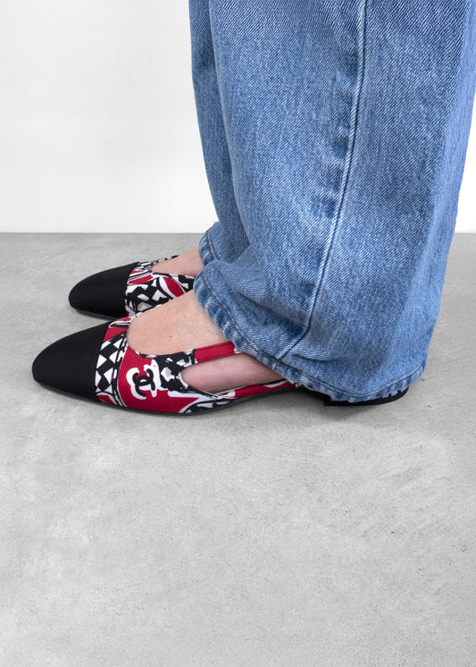 Chanel Print Fabric Slingback Flats