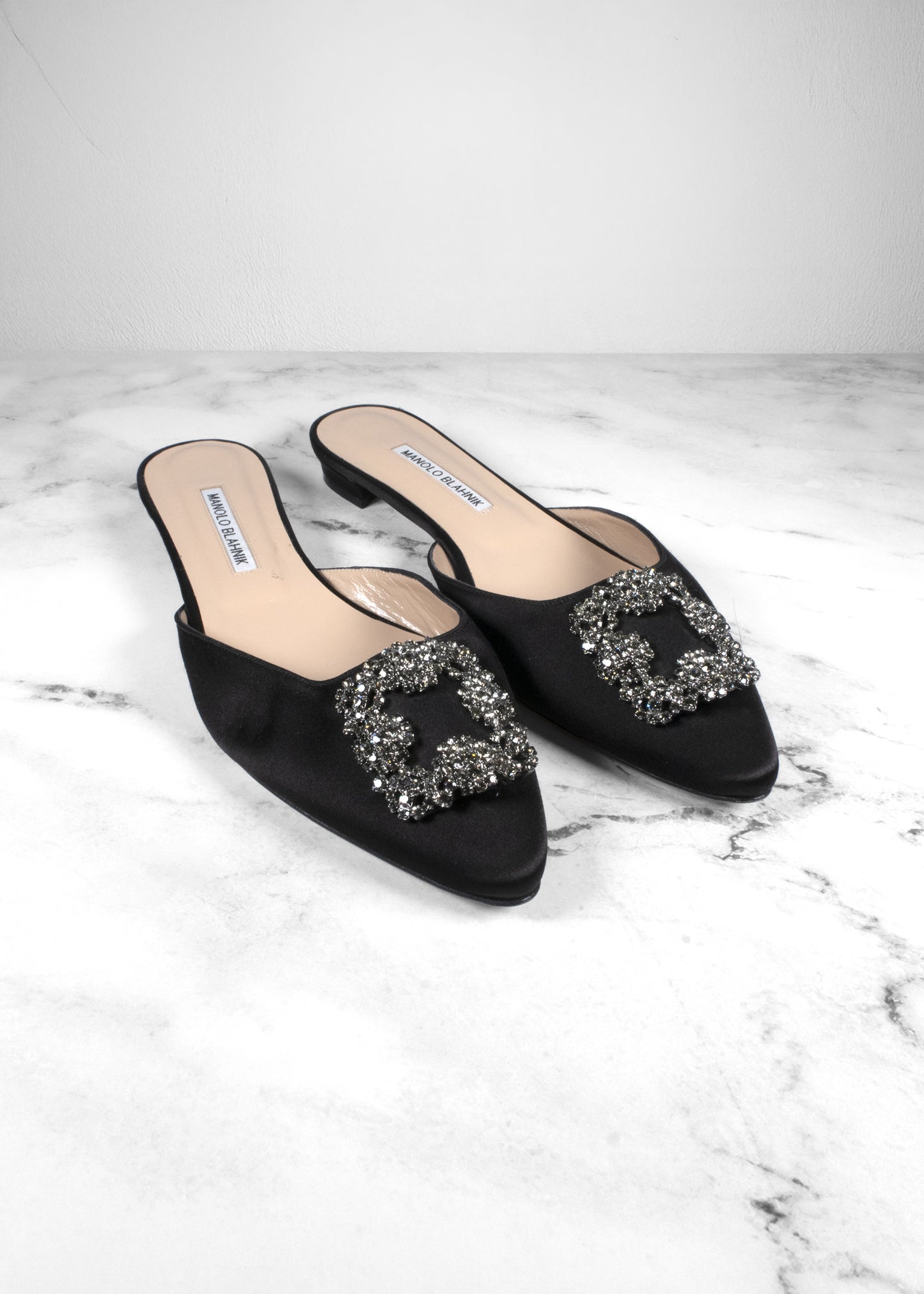 Manolo Blahnik Hangisi Crystal-embellished Satin Slippers