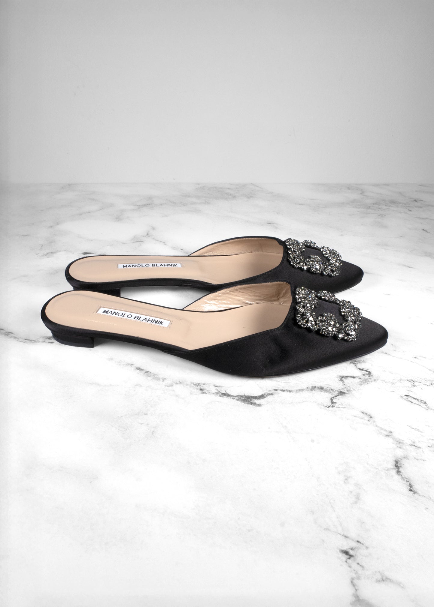 Manolo Blahnik Hangisi Crystal-embellished Satin Slippers