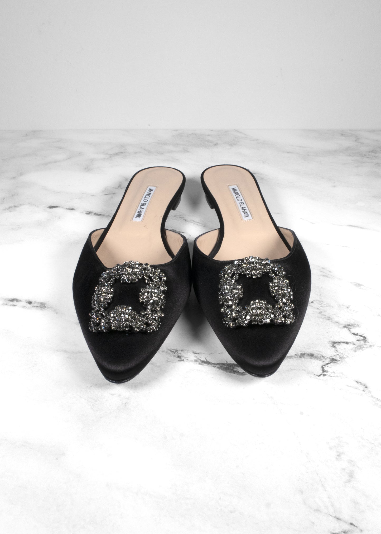 Manolo Blahnik Hangisi Crystal-embellished Satin Slippers