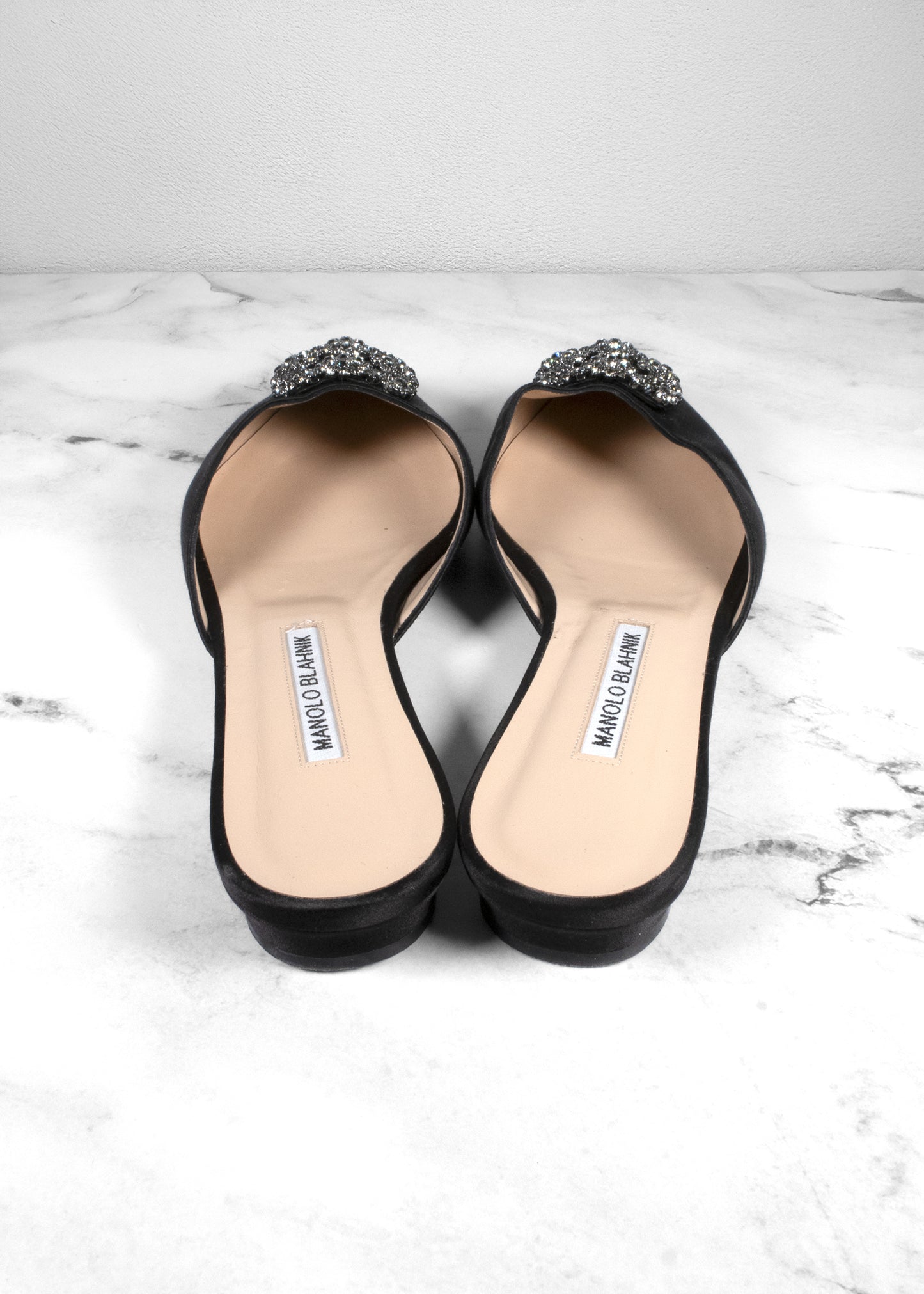 Manolo Blahnik Hangisi Crystal-embellished Satin Slippers