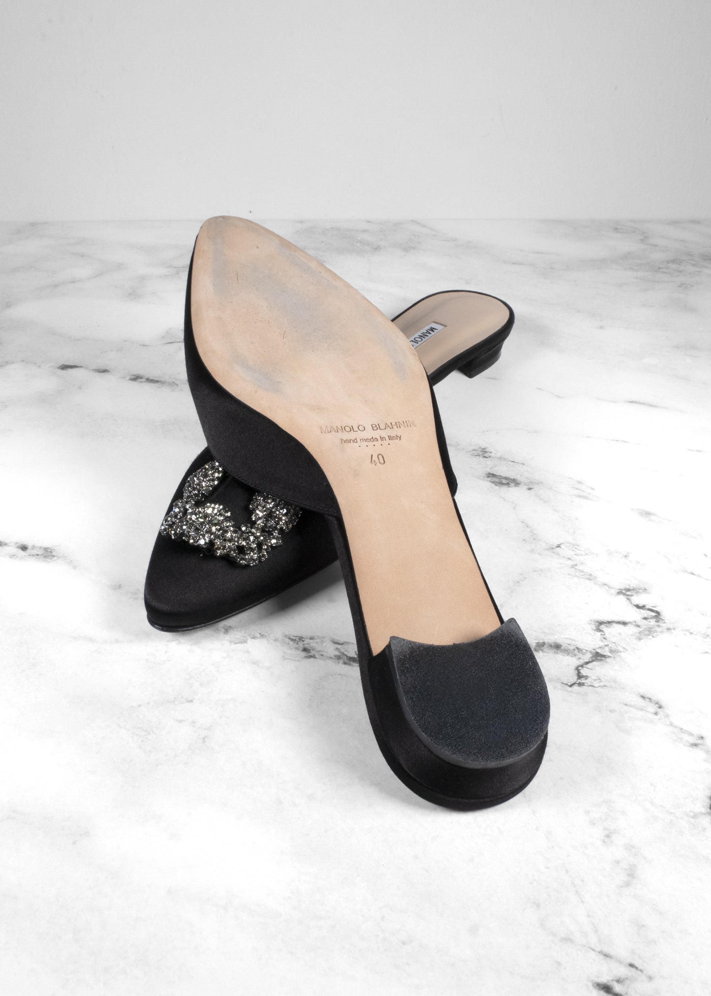 Manolo Blahnik Hangisi Crystal-embellished Satin Slippers